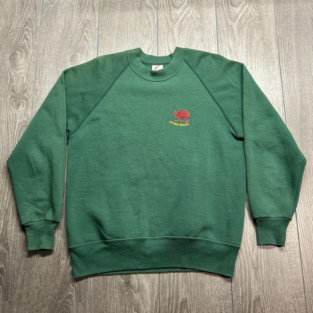 Vintage 80s Cymru Wales Red Dragon Sweatshirt Mens Medium Green Jerzees USA Made